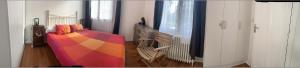 sypialnia z łóżkiem z kolorowym kocem w obiekcie chambre au calme avec salle de bain privée w mieście Mérignac