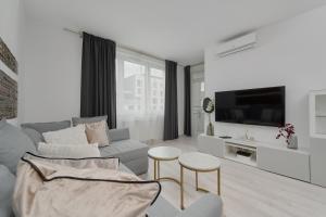 salon z kanapą i telewizorem w obiekcie Luxurious Apartments with Balcony & Parking Gwiaździsta Wrocław by Renters we Wrocławiu