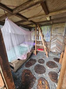 a room with a bed with a mosquito net at Le A, Trou du Prophète in Mitsamiouli