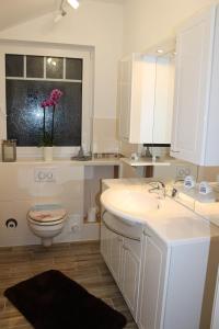 een badkamer met een toilet, een wastafel en een raam bij Befeld Susanne in Neustadt in Holstein