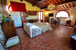 duży salon z łóżkiem i kuchnią w obiekcie Podere Calvaiola w mieście Montecatini Val di Cecina