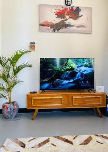 TV de pantalla plana en la parte superior de un centro de entretenimiento de madera en Drew Apartment Tanga, en Tanga