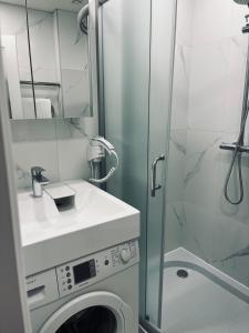 a bathroom with a washing machine and a shower at Sun Clock Apartment in Šiauliai