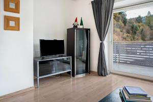 a living room with a television and a window at Martina's Place in Castello di Fiemme