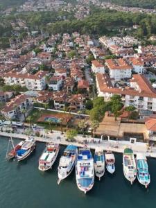 a group of boats are docked in a harbor at Marina Port Akyaka in Muğla