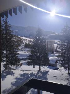 a view of a snowy field with trees and a building at Appartement aux pieds des pistes chez Seb et Isa in Saint-François-Longchamp