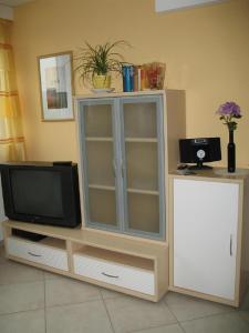 a entertainment center with a tv and a cabinet at Haus Klara in Detzem