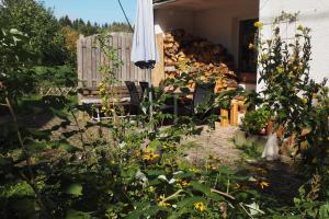 a garden with a lot of plants and an umbrella at Ferienwohnung Am Seebach, 80 Qm in Titisee-Neustadt