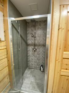 a shower with a glass door in a bathroom at Sodyba vienkiemyje "Šeimos slėnis" in Kupiškis