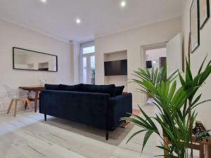 a living room with a blue couch and a plant at Appartement Cosy centre-ville in Angers