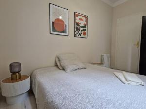 a bedroom with a bed and two pictures on the wall at Appartement Cosy centre-ville in Angers