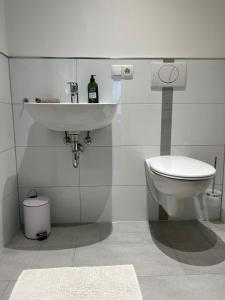 a bathroom with a sink and a toilet at Ferienwohnung Spanier in Pouch