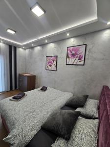 1 dormitorio con 1 cama grande y 3 cuadros en la pared en Apartmani Mandić Divčibare, en Divčibare