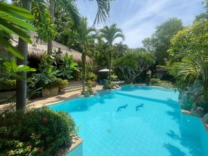 una piscina en un complejo con dos delfines en Palmhill Villa, en Boracay