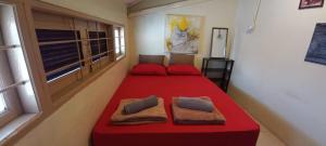 a red bed in a room with a window at QuiikCat in Kuching