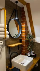 a bathroom with a white sink and a mirror at Alpi Cabin Pridolci in Busovača