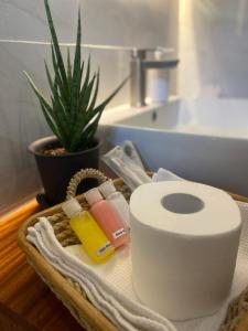 uma mesa de casa de banho com papel higiénico e uma cesta em Lucia’s Place em Tanauan