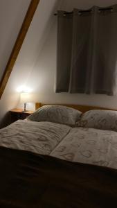 a bedroom with a bed with a window and a lamp at Alpi Cabin Pridolci in Busovača