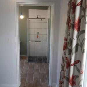 a bathroom with a shower with a shower curtain at Delightful db story loft with airconditioning in Hermanus