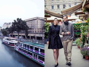 two pictures of a man and a woman walking next to a boat at Hotel Mercure Wien City in Vienna