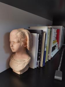 een buste van een meisje op een plank met boeken bij 2 chambres dans maison familiale jardin et spa in Noisy-le-Roi