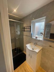 uma casa de banho com um lavatório e um chuveiro em One Bedroom Annex with Private Entrance em Morden