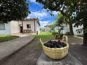 a basket of charcoal sitting next to a house at Casa Campestre en Ibarra in Ibarra