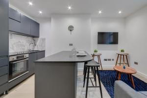 a kitchen with a large island in a living room at Deluxe 1 Bed Flat - Shoreditch, Aldgate & The City of London in London
