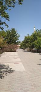 an empty street with trees and a lighthouse in the distance at The Holiday Farm in Barka