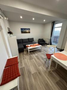 a living room with a couch and a table at Appartement Wolfshagen in Elbingerode