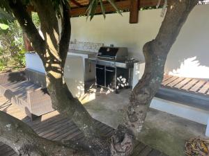 un arbre au milieu d'une terrasse avec un barbecue dans l'établissement Espace Détente des Calumets, à Saint-Paul