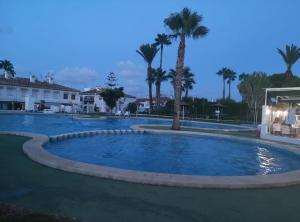 una grande piscina con palme e un edificio di Spanish style apartment with terrace Torrevieja a Torrevieja