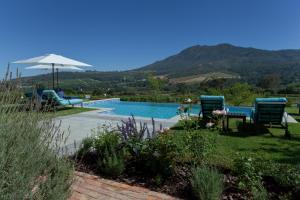 una piscina con 2 sillas azules y una sombrilla en Dunstone Estate en Wellington