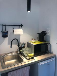 a kitchen with a sink and a microwave at Nest in Gărâna - Cardinal House in Garana