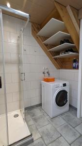 uma máquina de lavar roupa na casa de banho com um chuveiro em Kleines gemütliches Haus auf dem Land em Linsengericht