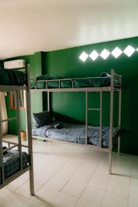 two bunk beds in a room with a green wall at Aonang Knockout Hostel in Ao Nang Beach