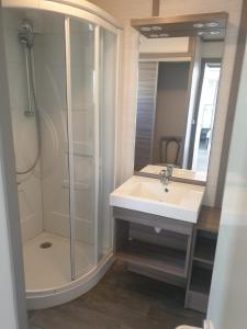 a bathroom with a sink and a shower at CAMPING MUNICIPAL LA SAPINETTE in Quillan