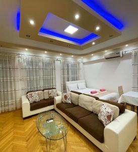 a living room with two couches and a blue ceiling at SNEZANA APARTMENT in Ohrid