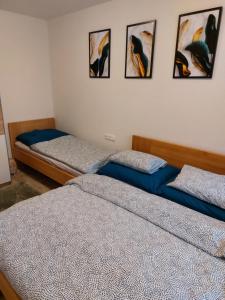 two beds in a room with four pictures on the wall at Apartmán Pod Bukem in Červená Voda