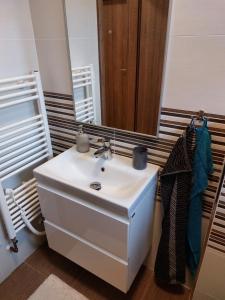 y baño con lavabo blanco y espejo. en Apartmán Pod Bukem en Červená Voda