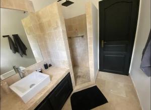 a bathroom with a sink and a shower with a black door at La louva in Les Brugassières