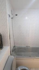 a bathroom with a toilet and a bath tub at Stylish, Peaceful 2-Bed Flat with Free Parking in New Barnet