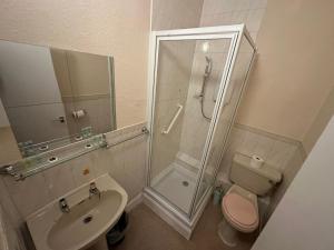 a bathroom with a shower and a toilet and a sink at Mackay's Spa Lodge Hotel in Strathpeffer