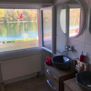 a bathroom with a view of a lake from a window at Ferienwohnung am Rhein in Stein