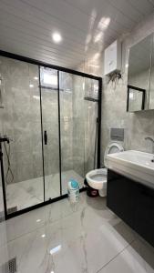 a bathroom with a shower and a toilet and a sink at Sare Life 1 in Alanya