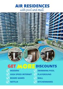 a flyer for an apartment rental in a building at Cozy Condo Apartment in Makati / Manila with mall, restaurants, groceries, pool, netflix, disney+ and more in Manila