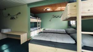 a room with two bunk beds and a desk at Alpina Einhorn - Self-Check-In in Wolfenschiessen