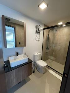 La salle de bains est pourvue d'un lavabo, de toilettes et d'une douche. dans l'établissement Comodo y lujos monoambiente Equipetrol NanoTec, à Santa Cruz de la Sierra