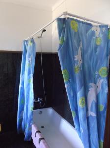 y baño con cortina de ducha y bañera. en Albergue Constantino AL, en Paredes de Coura