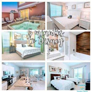 un collage de fotos de una habitación de hotel con camas y piscina en 5 Suites DREAM House 5 min to Disney en Orlando